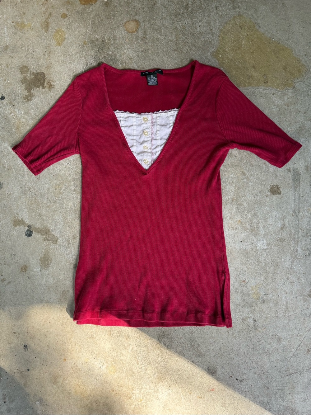 Y2K Reference Point Red Layered V-Neck Knit Top with White Blouse and Lace